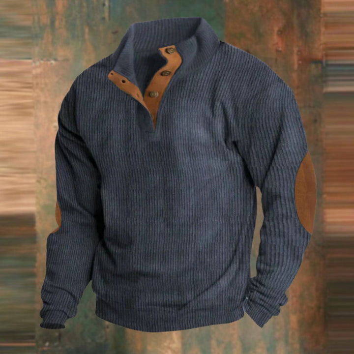 Herren Gerippter Pullover mit Knopfleiste am Kragen Ellenbogenpatches - Marineblau