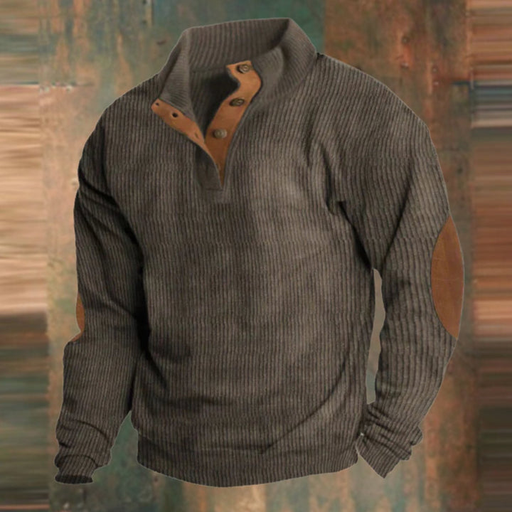 Herren Gerippter Pullover mit Knopfleiste am Kragen Ellenbogenpatches - Braun