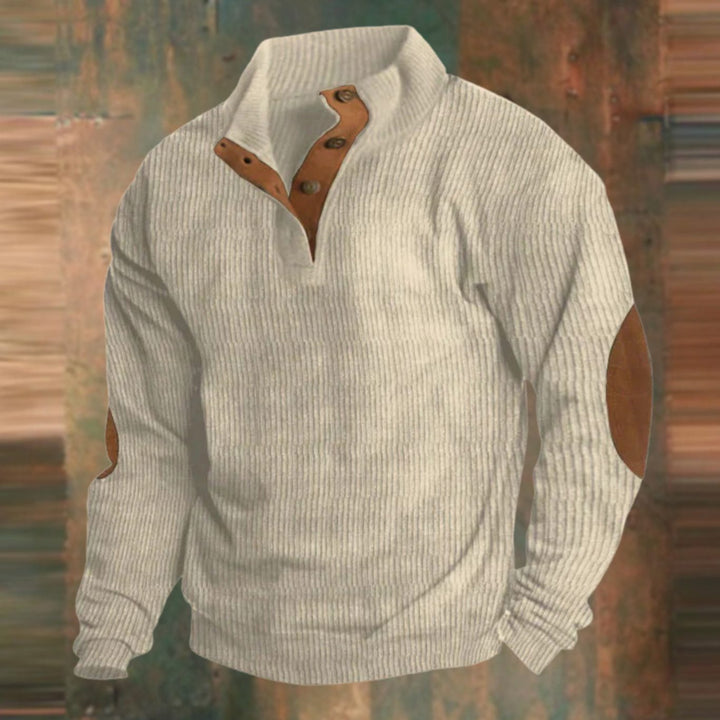 Herren Gerippter Pullover mit Knopfleiste am Kragen Ellenbogenpatches - Beige