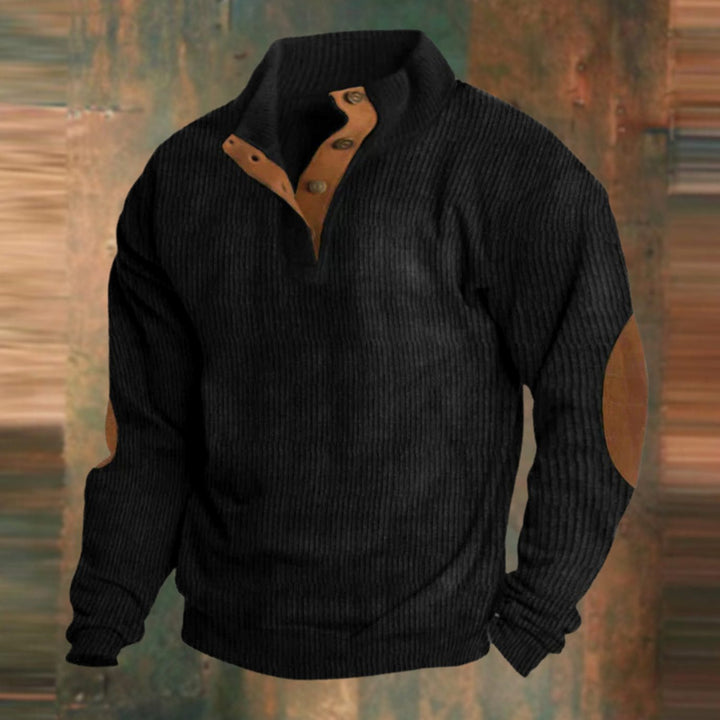 Herren Gerippter Pullover mit Knopfleiste am Kragen Ellenbogenpatches - Schwarz