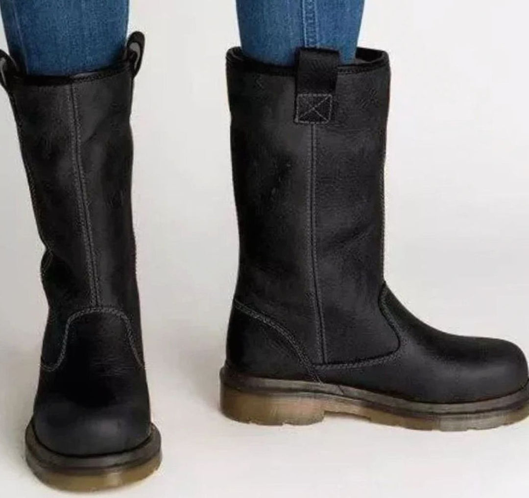 Herren Halbhohe Kuit Werklaarzen Robuste Leder Arbeitsstiefel - Schwarz