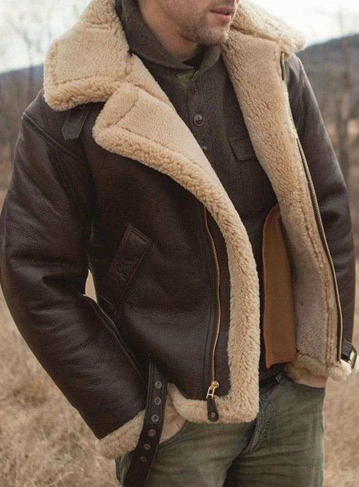 Herren Klassische Lammfell Fliegerjacke mit Reißverschluss