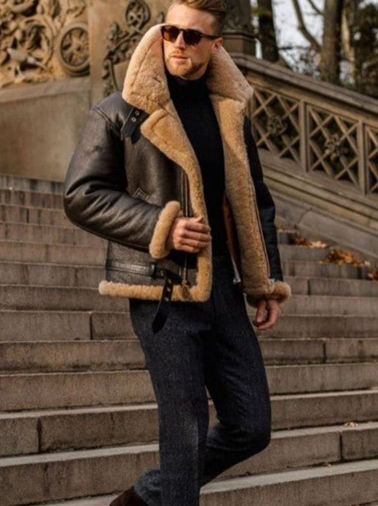 Herren Klassische Lammfell Fliegerjacke mit Reißverschluss