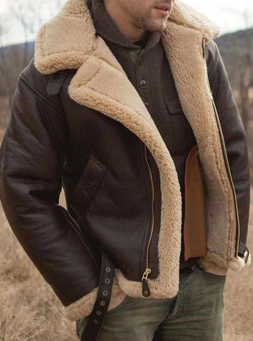 Herren Klassische Lammfell Fliegerjacke mit Reißverschluss