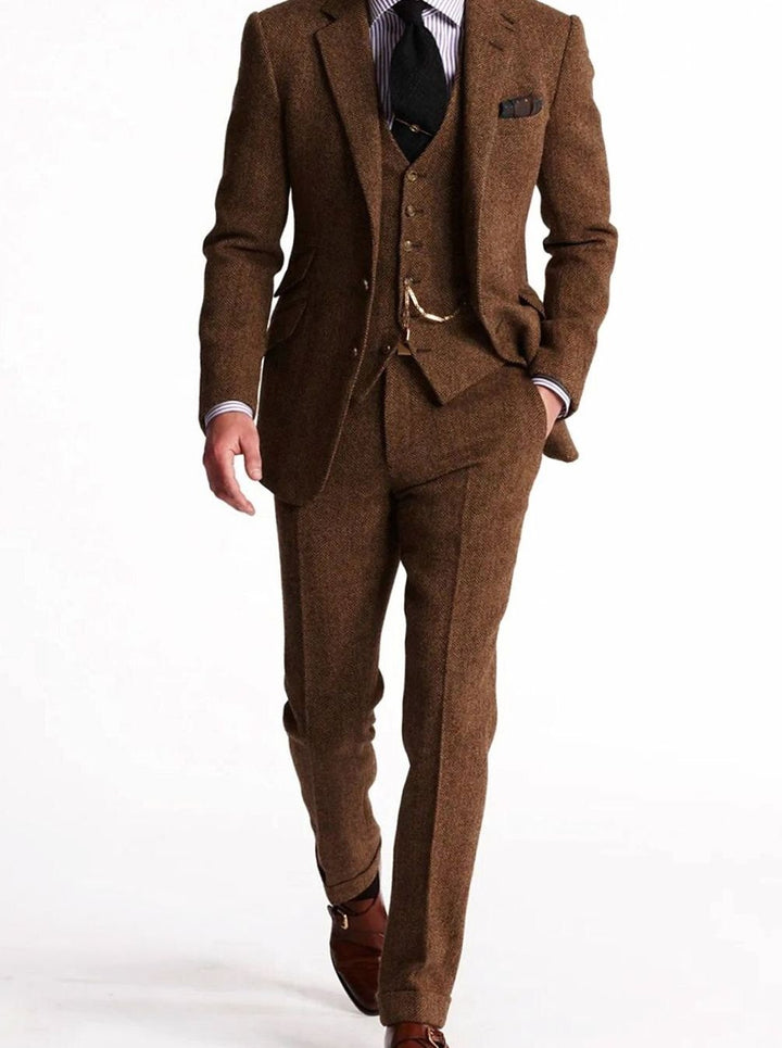 Herren Klassischer Dreiteiliger Winteranzug mit Weste und Tasche - Braun