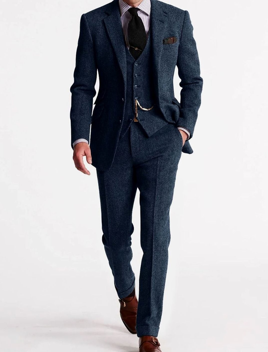 Herren Klassischer Dreiteiliger Winteranzug mit Weste und Tasche - Marineblau