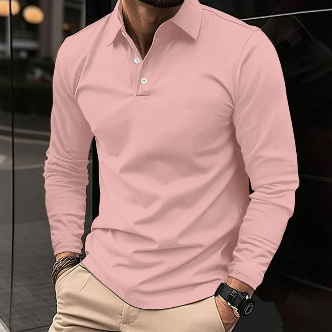 Herren Klassisches Langarm-Poloshirt Slim-Fit Eleganter Kragen - Rosa