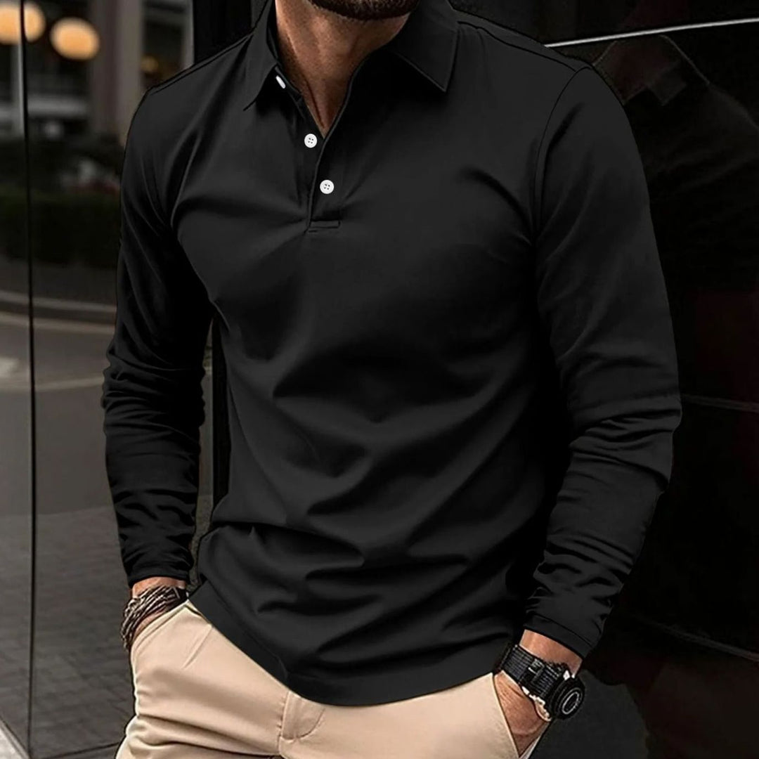 Herren Klassisches Langarm-Poloshirt Slim-Fit Eleganter Kragen - Schwarz