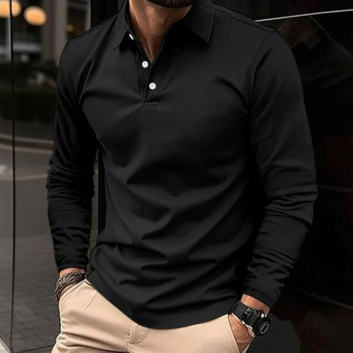 Herren Klassisches Langarm-Poloshirt Slim-Fit Schlanker Schnitt - Schwarz