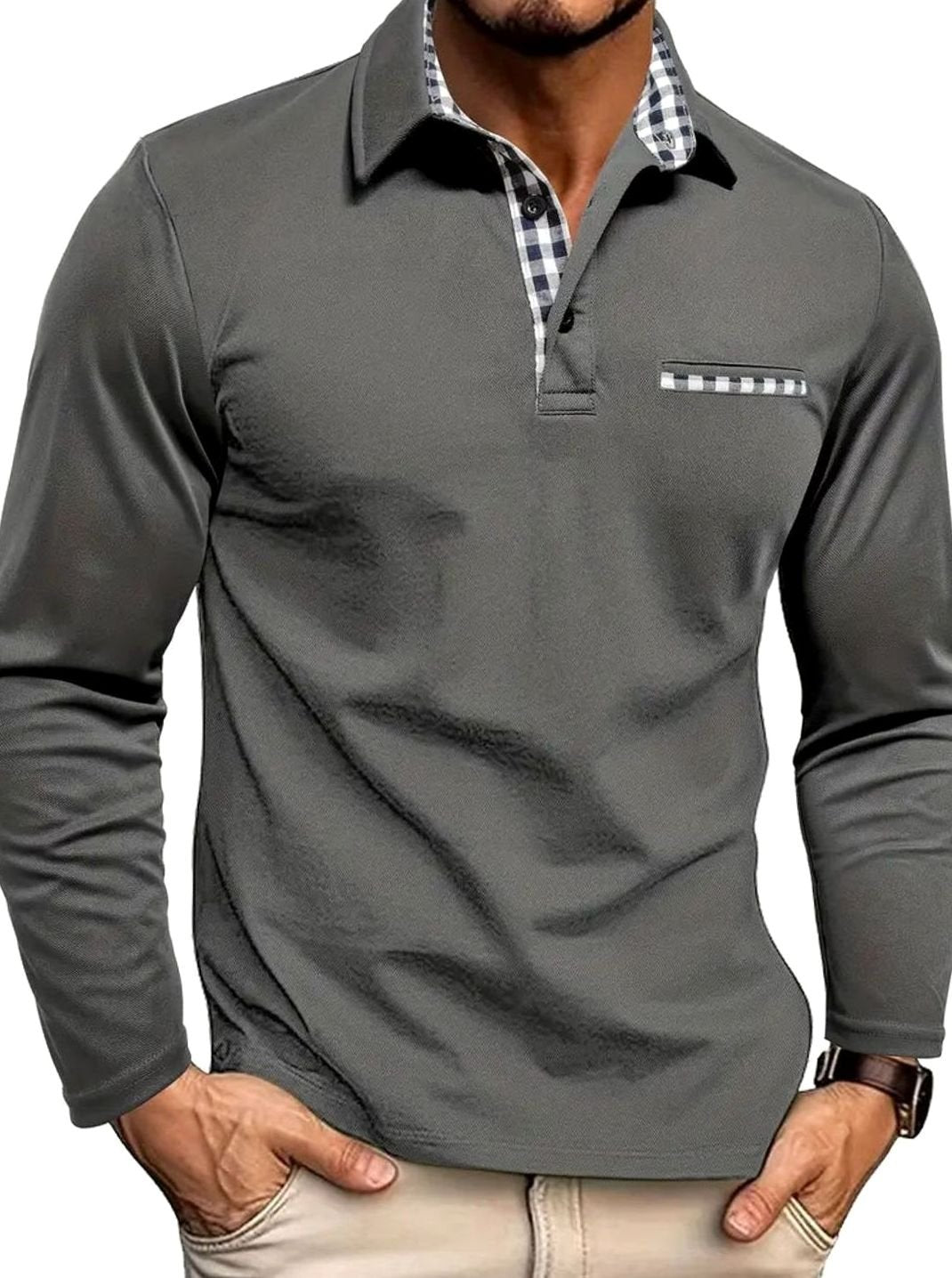 Herren Langarm Polo-Shirt Karierter Kragen Klassisch Winter - Grau