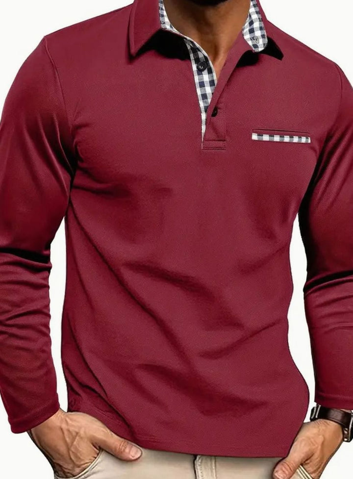 Herren Langarm Polo-Shirt Karierter Kragen Klassisch Winter - Bordeauxrot