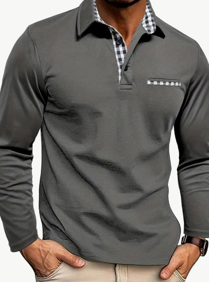 Herren Langarm Polo-Shirt Klassisch Karierter Kragen Freizeithemd - Grau