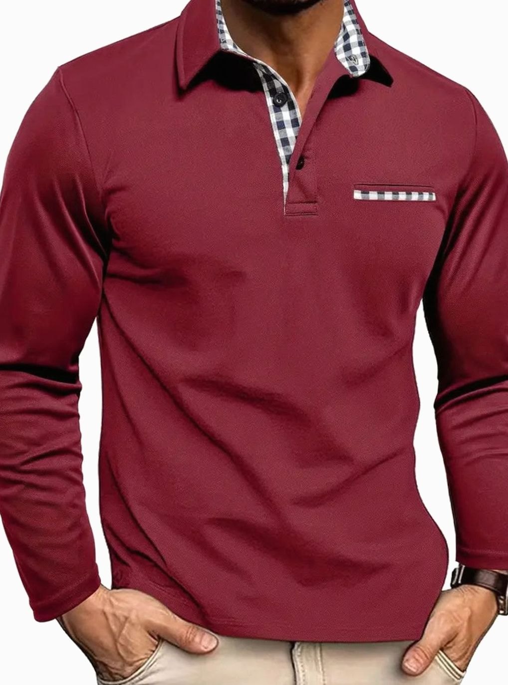 Herren Langarm Polo-Shirt Klassisch Karierter Kragen Freizeithemd - Bordeauxrot