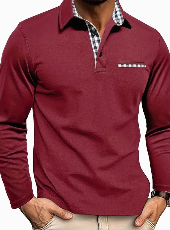 Herren Langarm Polo-Shirt Klassisch Karierter Kragen Freizeithemd - Bordeauxrot