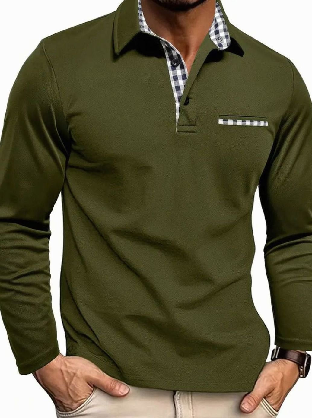 Herren Langarm Polo-Shirt Klassisch Karierter Kragen Freizeithemd - Olivgrün