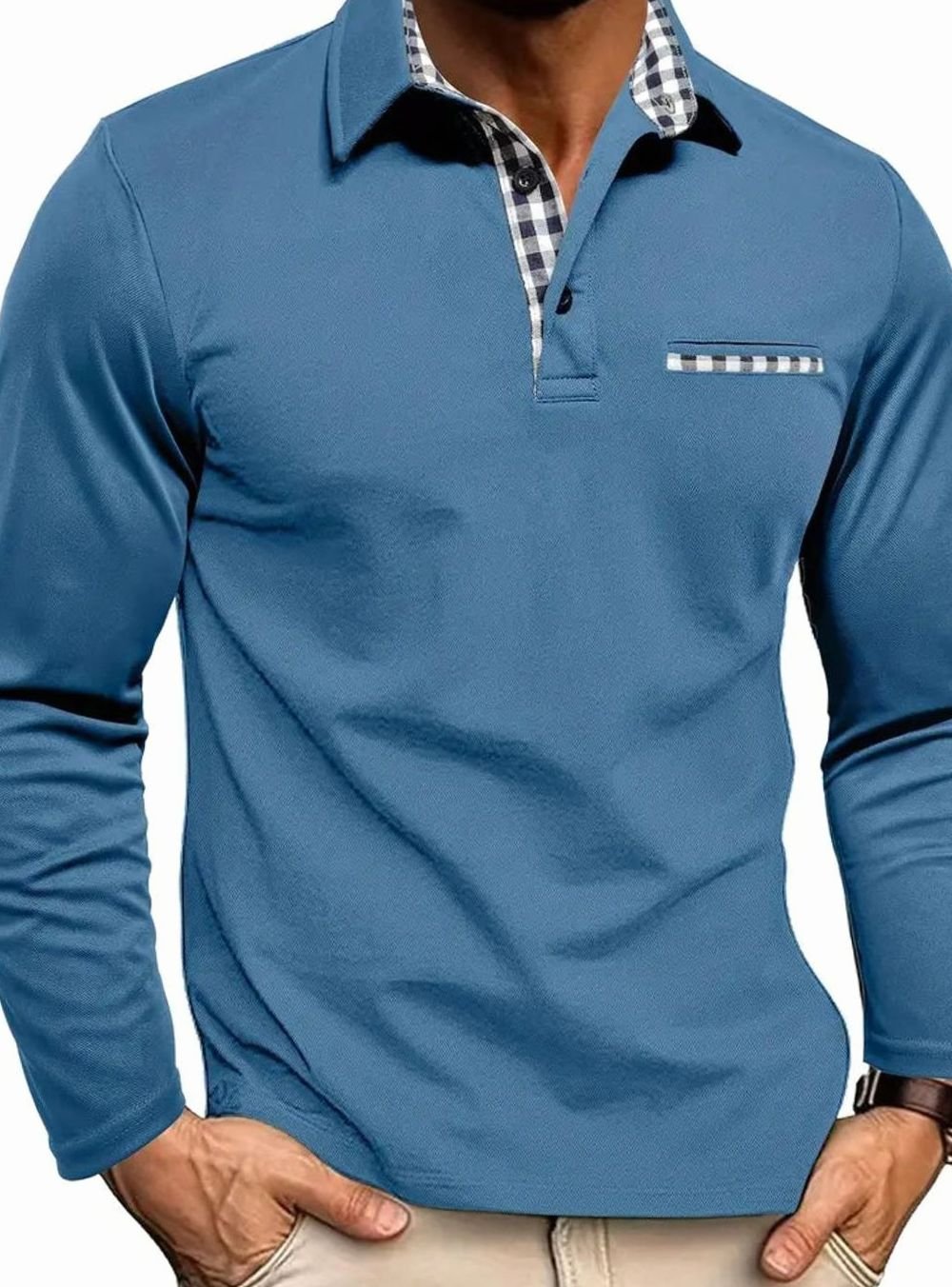 Herren Langarm Polo-Shirt Klassisch Karierter Kragen Freizeithemd - Hellblau