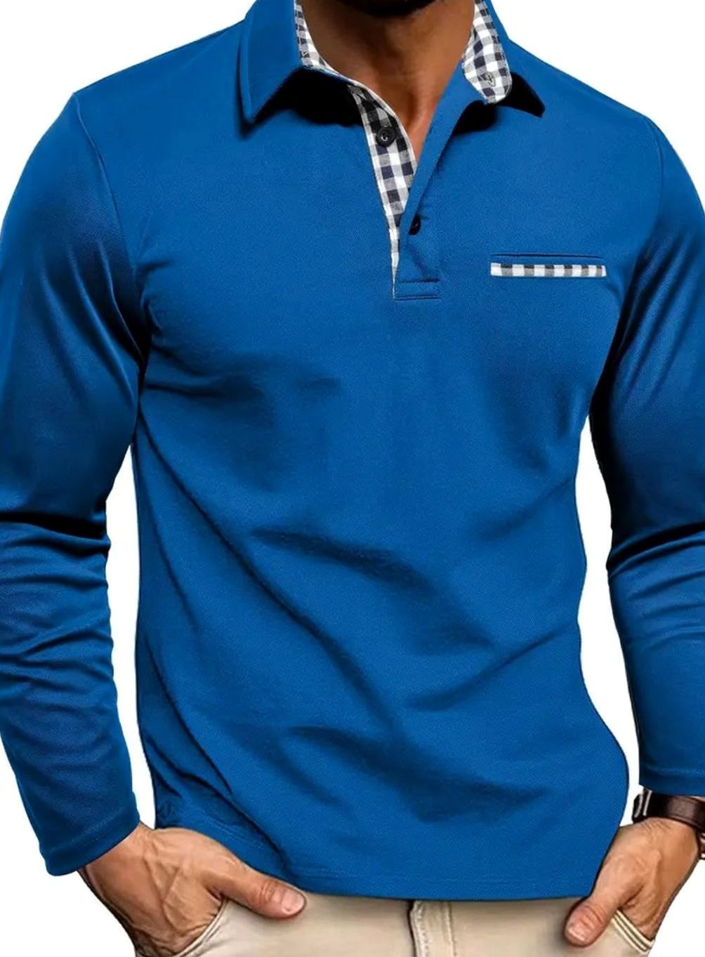 Herren Langarm Polo-Shirt Klassisch Karierter Kragen Freizeithemd - Blau