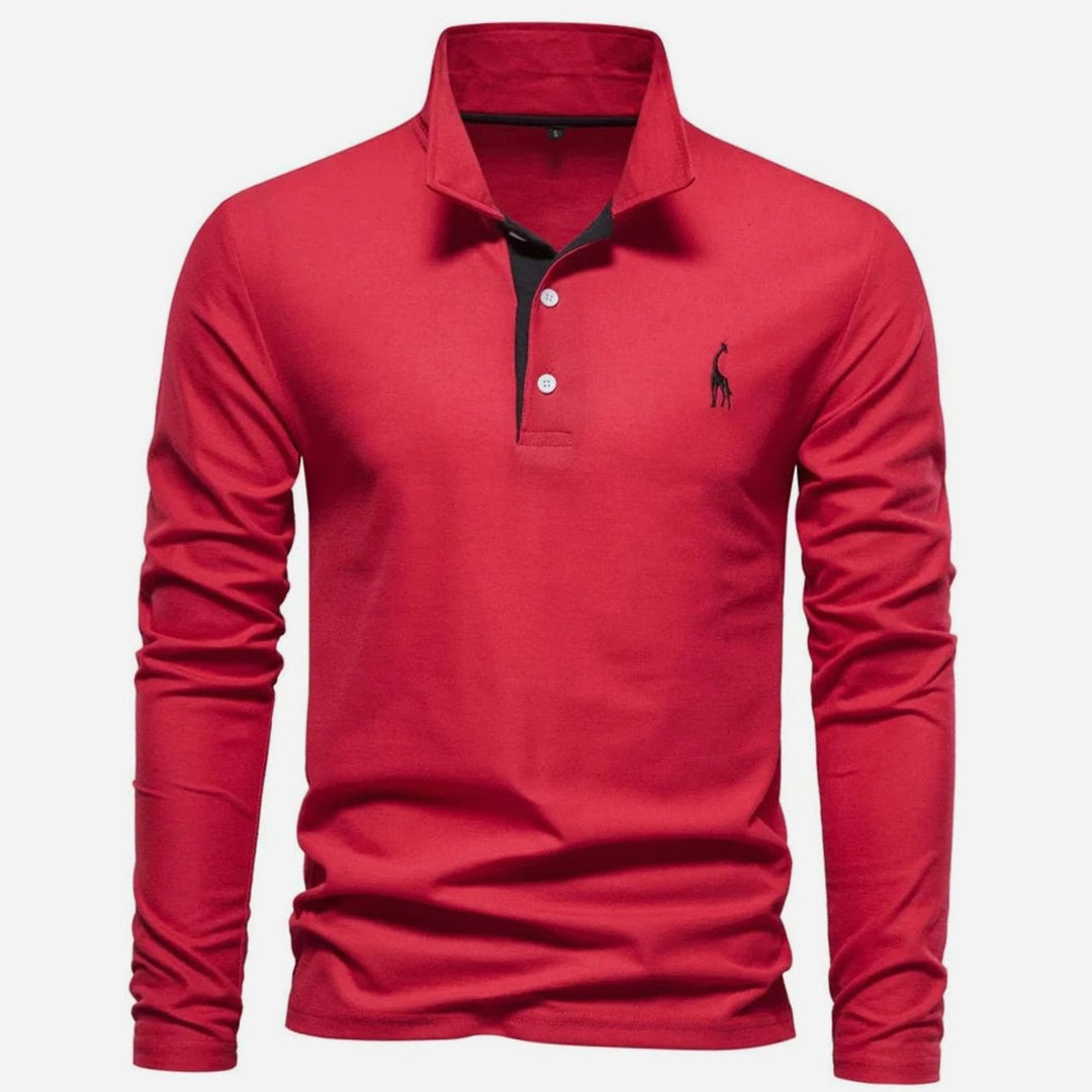 Herren Langarm-Poloshirt mit Knöpfen Polokragen taillierte Passform - Rot
