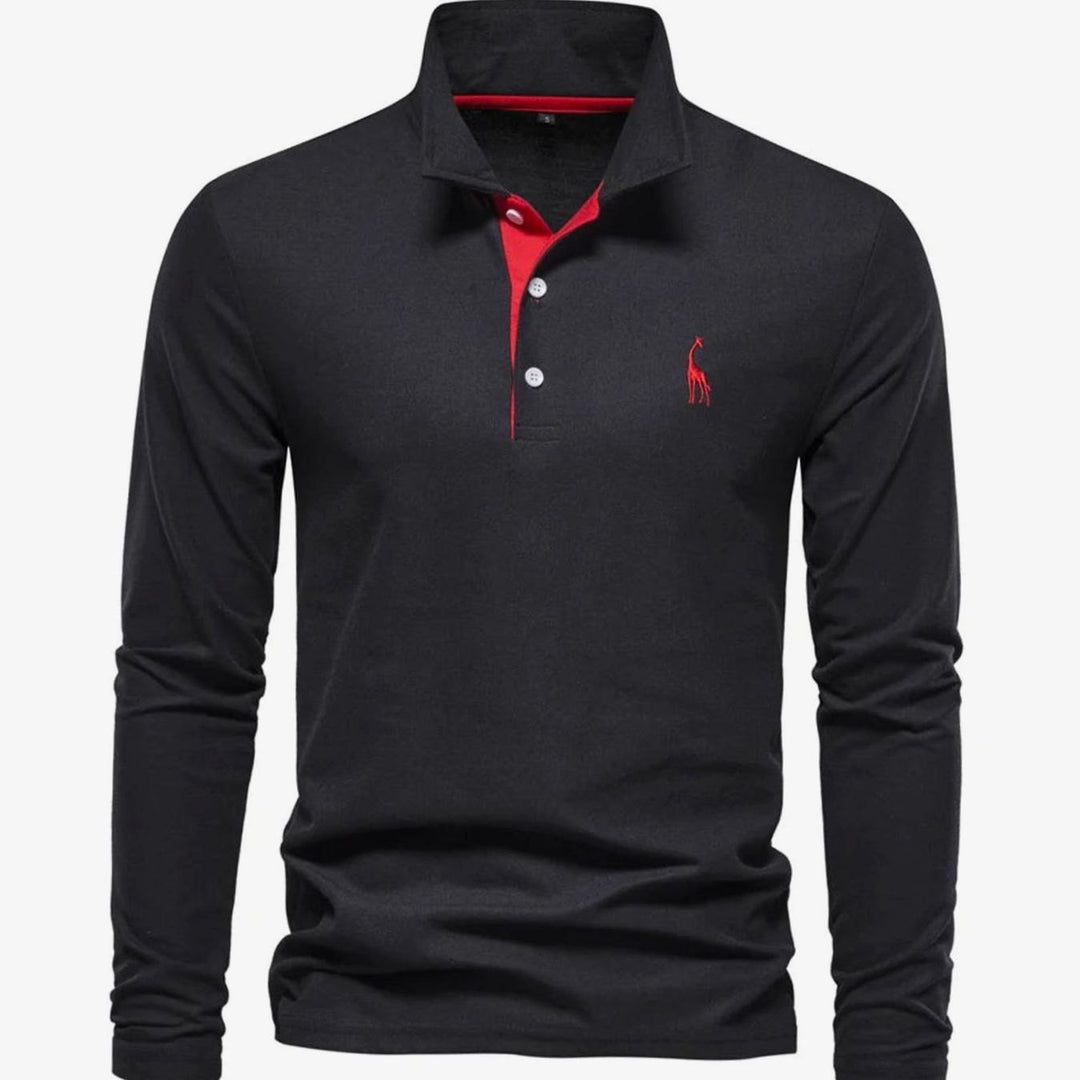 Herren Langarm-Poloshirt mit Knöpfen Polokragen taillierte Passform - Schwarz-Rot