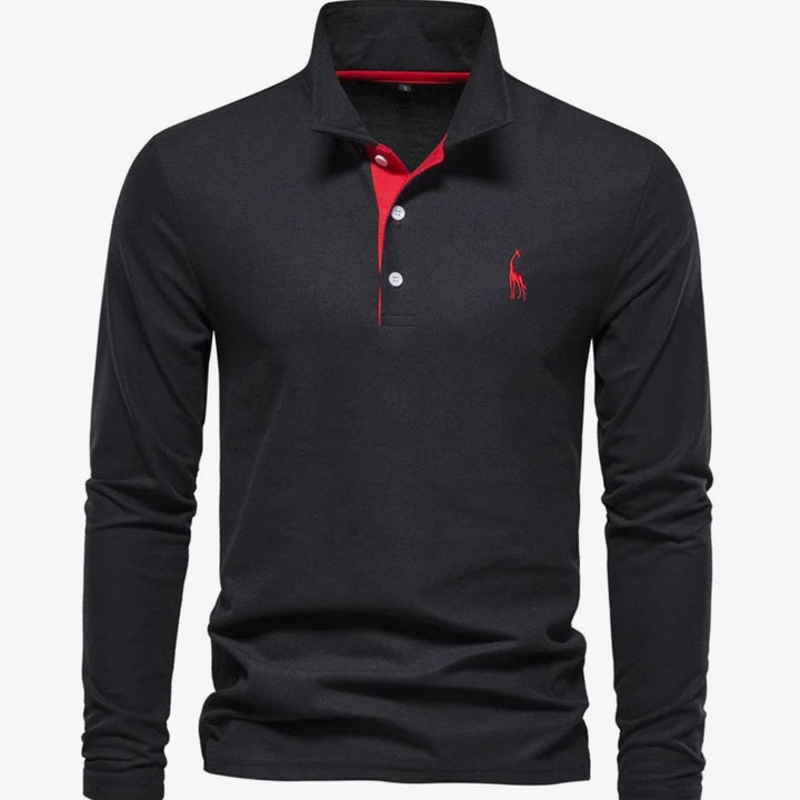 Herren Langarm-Poloshirt mit Knöpfen Polokragen taillierte Passform - Schwarz-Rot