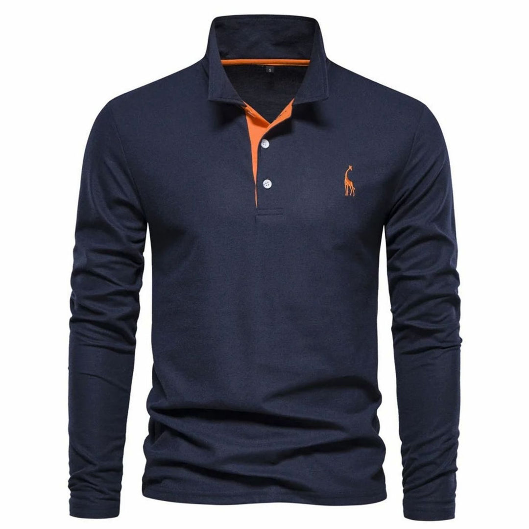 Herren Langarm-Poloshirt mit Knöpfen Polokragen taillierte Passform - Marineblau-Orange