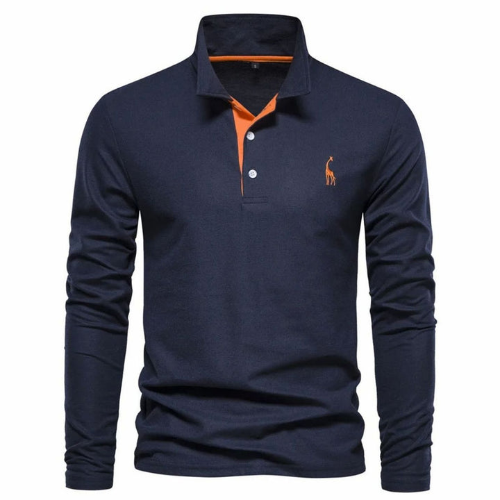 Herren Langarm-Poloshirt mit Knöpfen Polokragen taillierte Passform - Marineblau-Orange