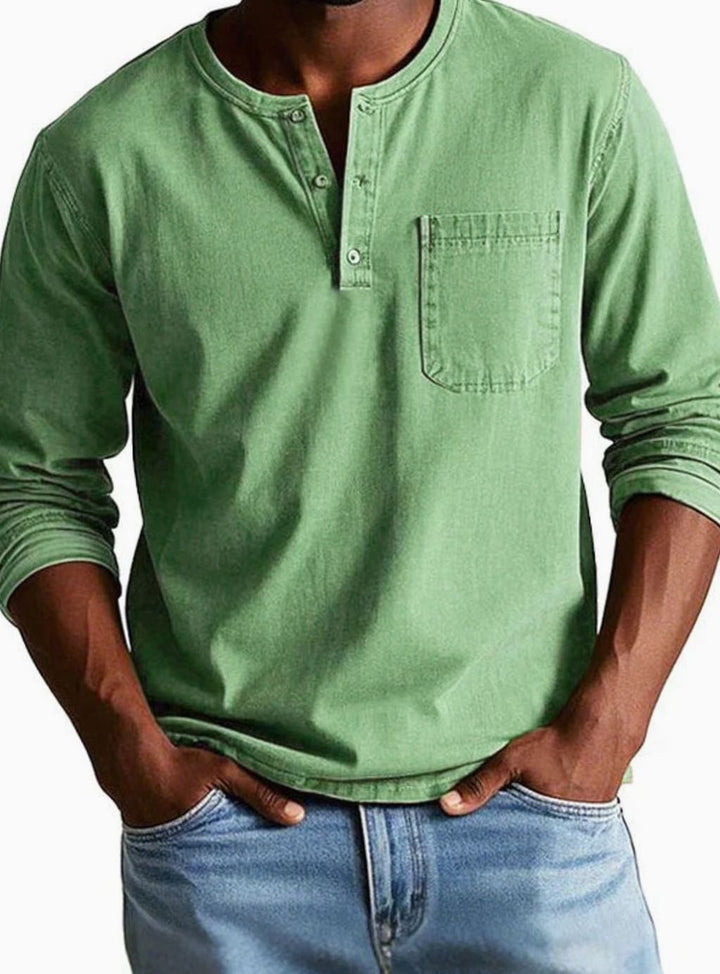 Herren Lässiges Langarm-Henleyshirt Entspannte Passform Brusttasche - Grün