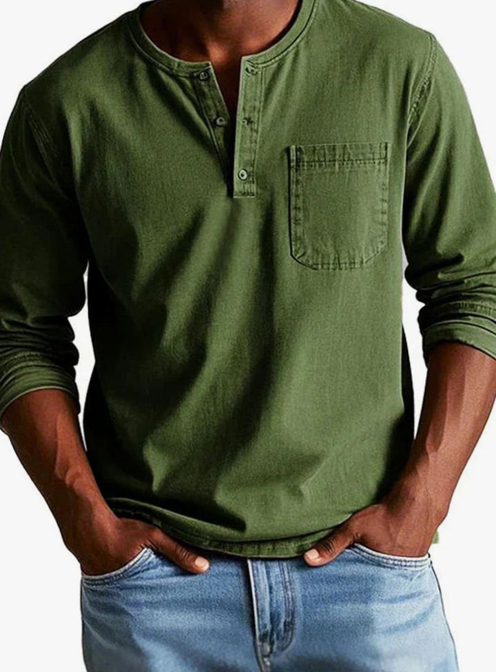 Herren Lässiges Langarm-Henleyshirt Entspannte Passform Brusttasche - Armeegrün
