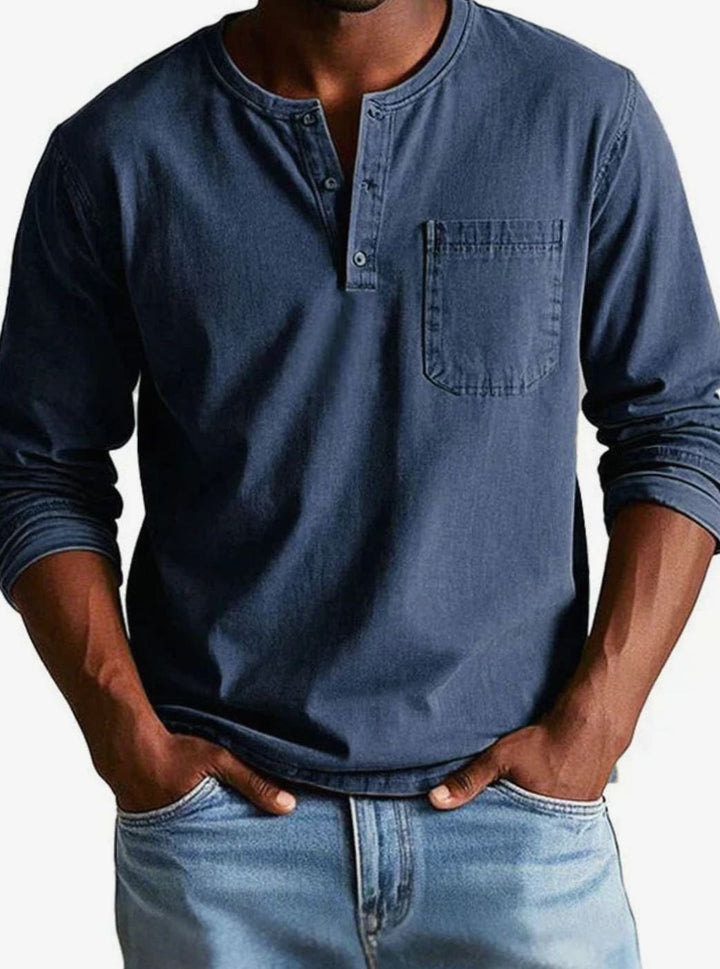Herren Lässiges Langarm-Henleyshirt Entspannte Passform Brusttasche - Marineblau