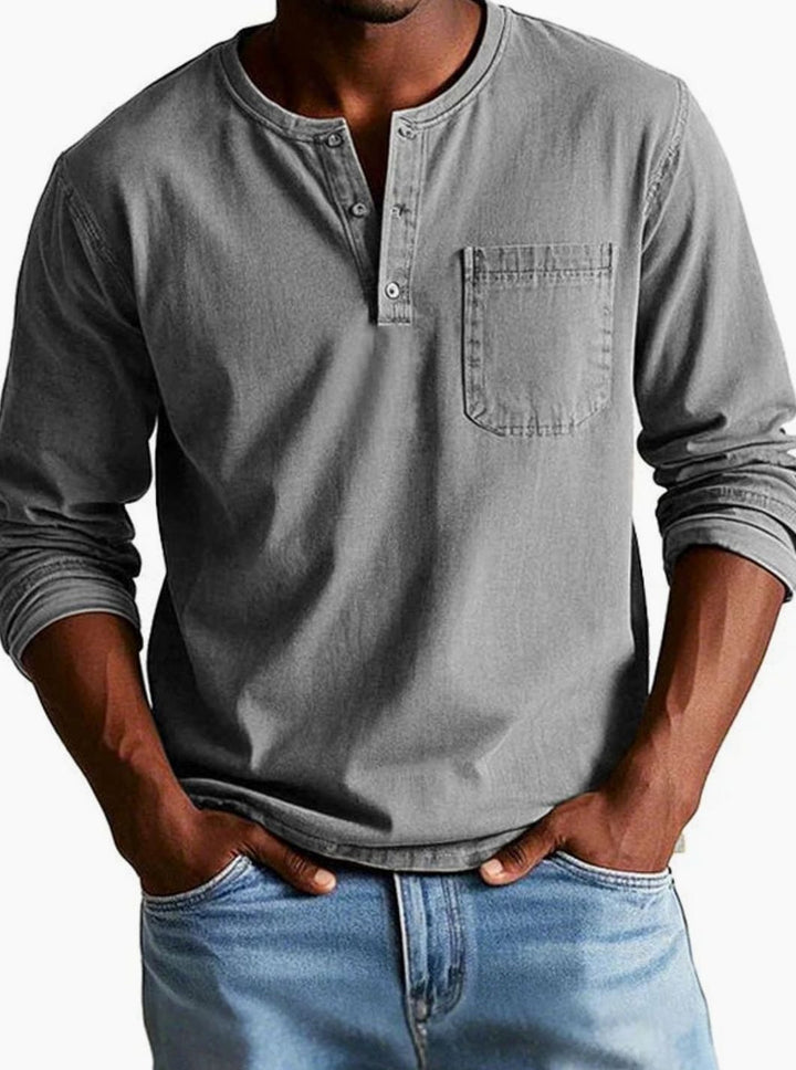 Herren Lässiges Langarm-Henleyshirt Entspannte Passform Brusttasche - Grau