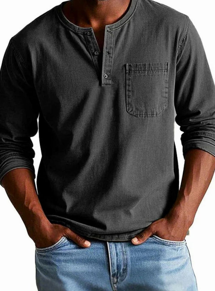 Herren Lässiges Langarm-Henleyshirt Entspannte Passform Brusttasche - Schwarz