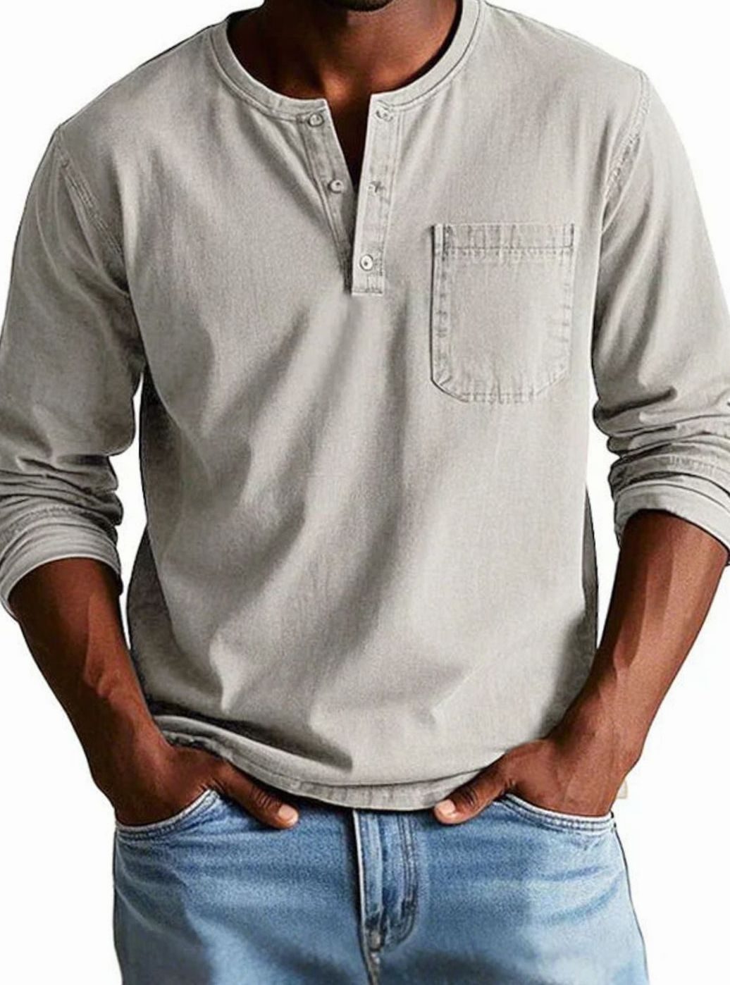 Herren Lässiges Langarm-Henleyshirt Entspannte Passform Brusttasche - Beige