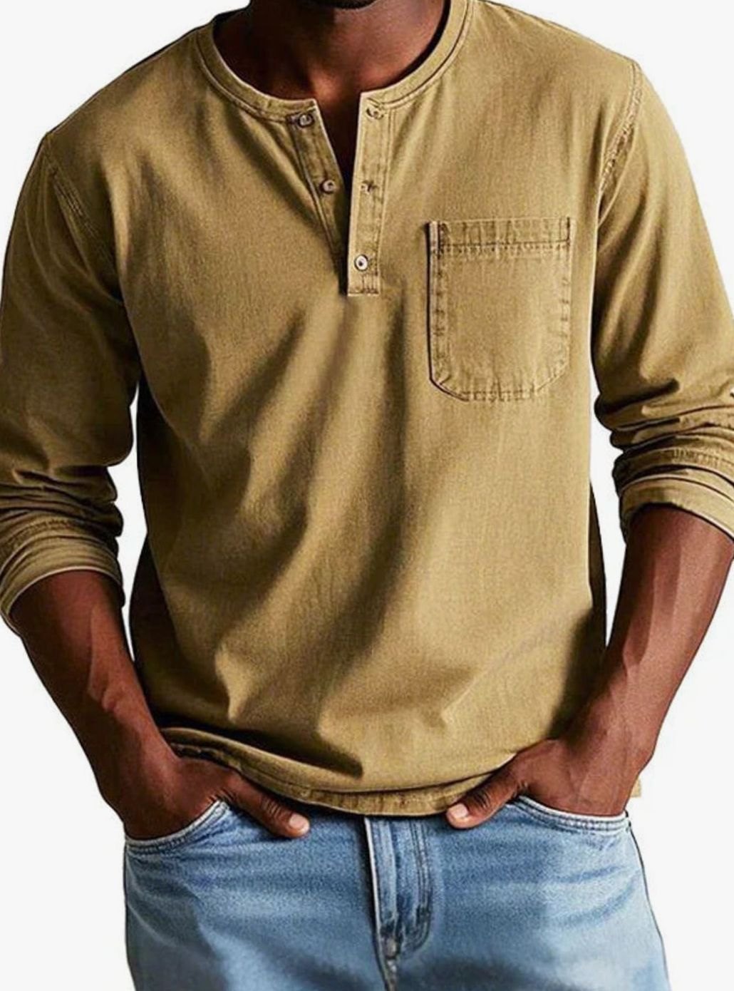 Herren Lässiges Langarm-Henleyshirt Entspannte Passform Brusttasche - Khaki