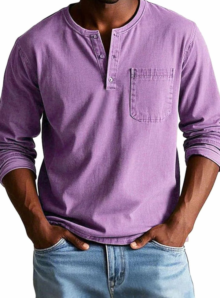 Herren Lässiges Langarm-Henleyshirt Entspannte Passform Brusttasche - Lila