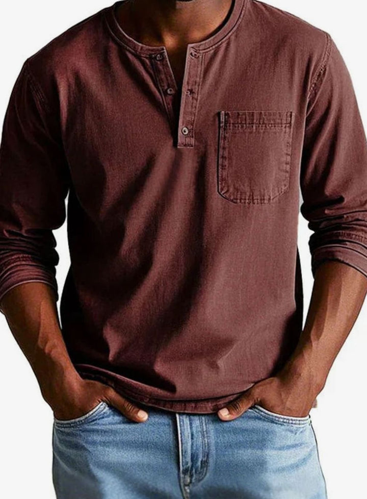 Herren Lässiges Langarm-Henleyshirt Entspannte Passform Brusttasche - Rot
