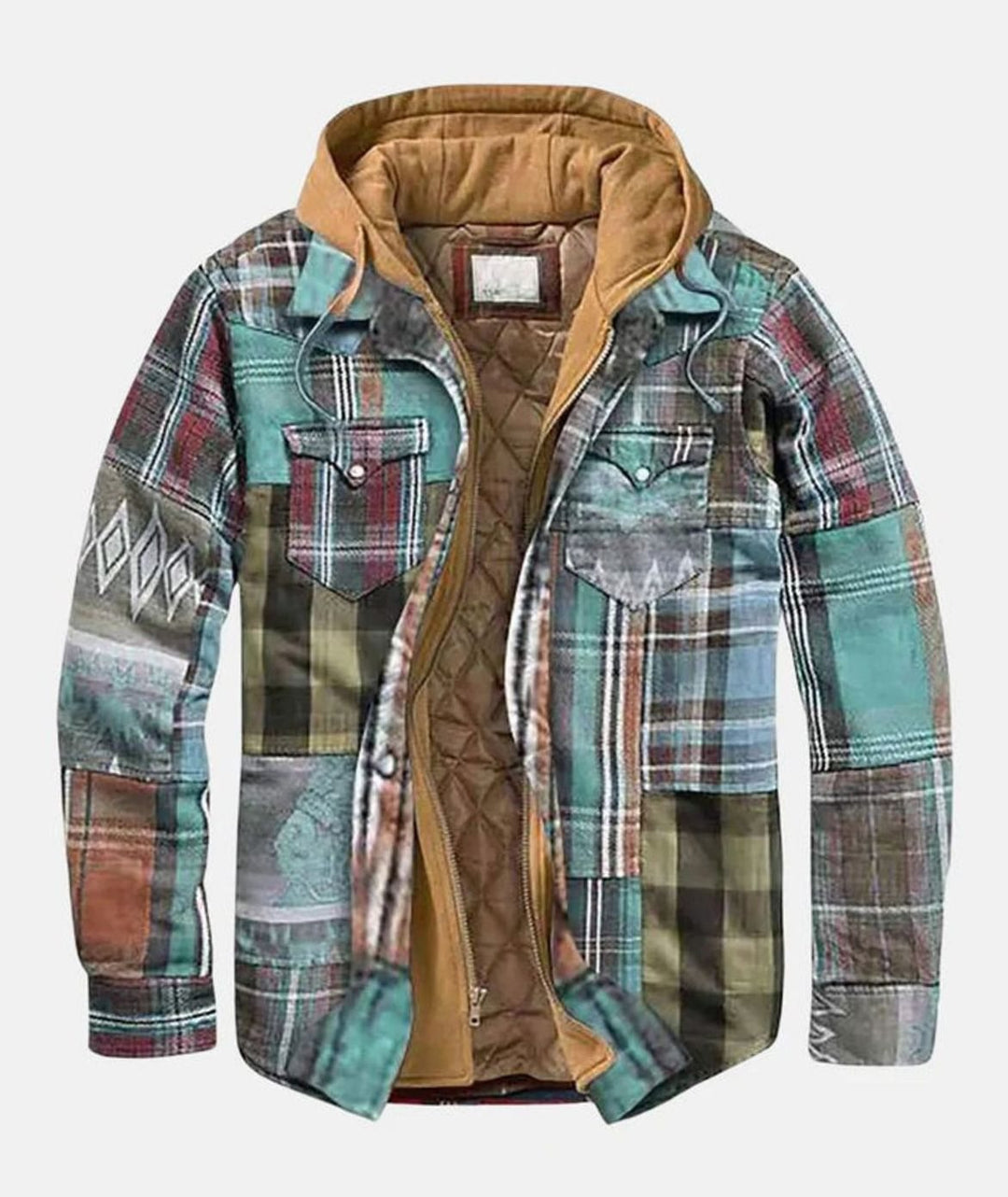 Herren Patchwork Flanelljacke Winter Gefüttert Kapuze Reißverschluss - Mint
