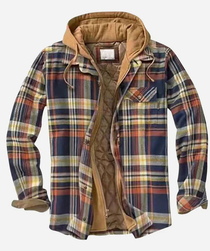 Herren Patchwork Flanelljacke Winter Gefüttert Kapuze Reißverschluss - Blau Orange