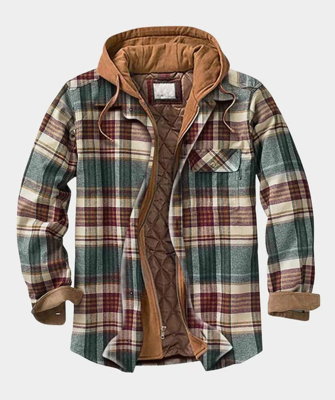 Herren Patchwork Flanelljacke Winter Gefüttert Kapuze Reißverschluss - Dunkelgrün