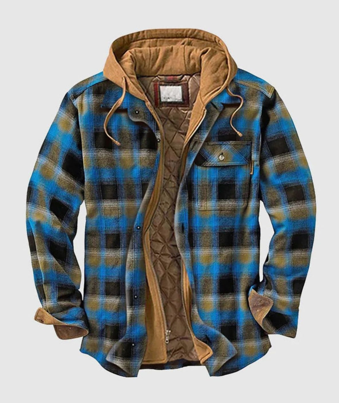 Herren Patchwork Flanelljacke Winter Gefüttert Kapuze Reißverschluss - Blau