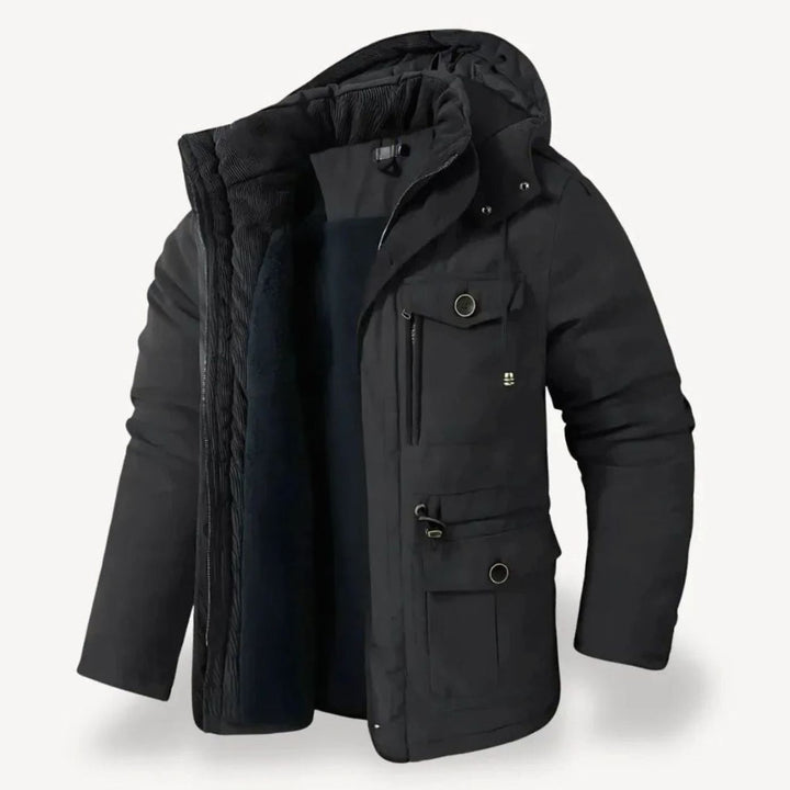 Herren Robuste Winterjacke mit Fleece-Futter Mehreren Taschen Kapuze - Schwarz
