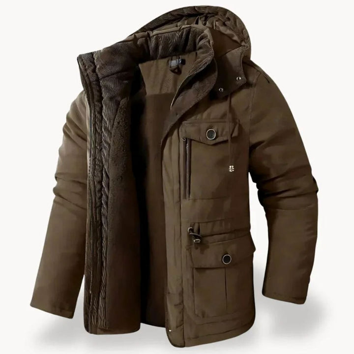 Herren Robuste Winterjacke mit Fleece-Futter Mehreren Taschen Kapuze - Braun
