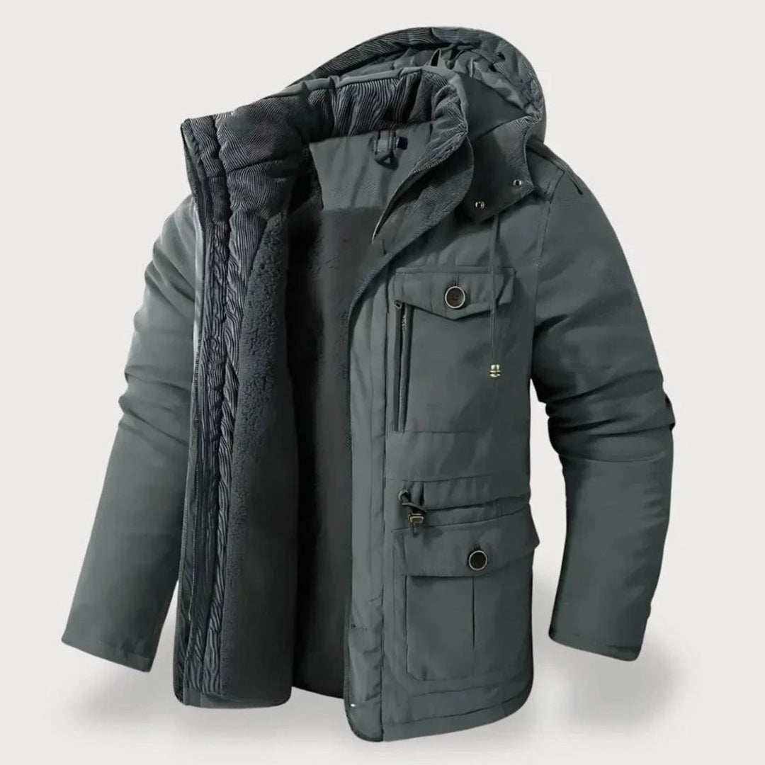 Herren Robuste Winterjacke mit Fleece-Futter Mehreren Taschen Kapuze - Grau
