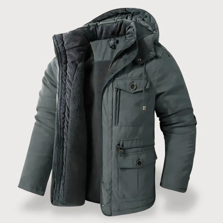 Herren Robuste Winterjacke mit Fleece-Futter Mehreren Taschen Kapuze - Grau