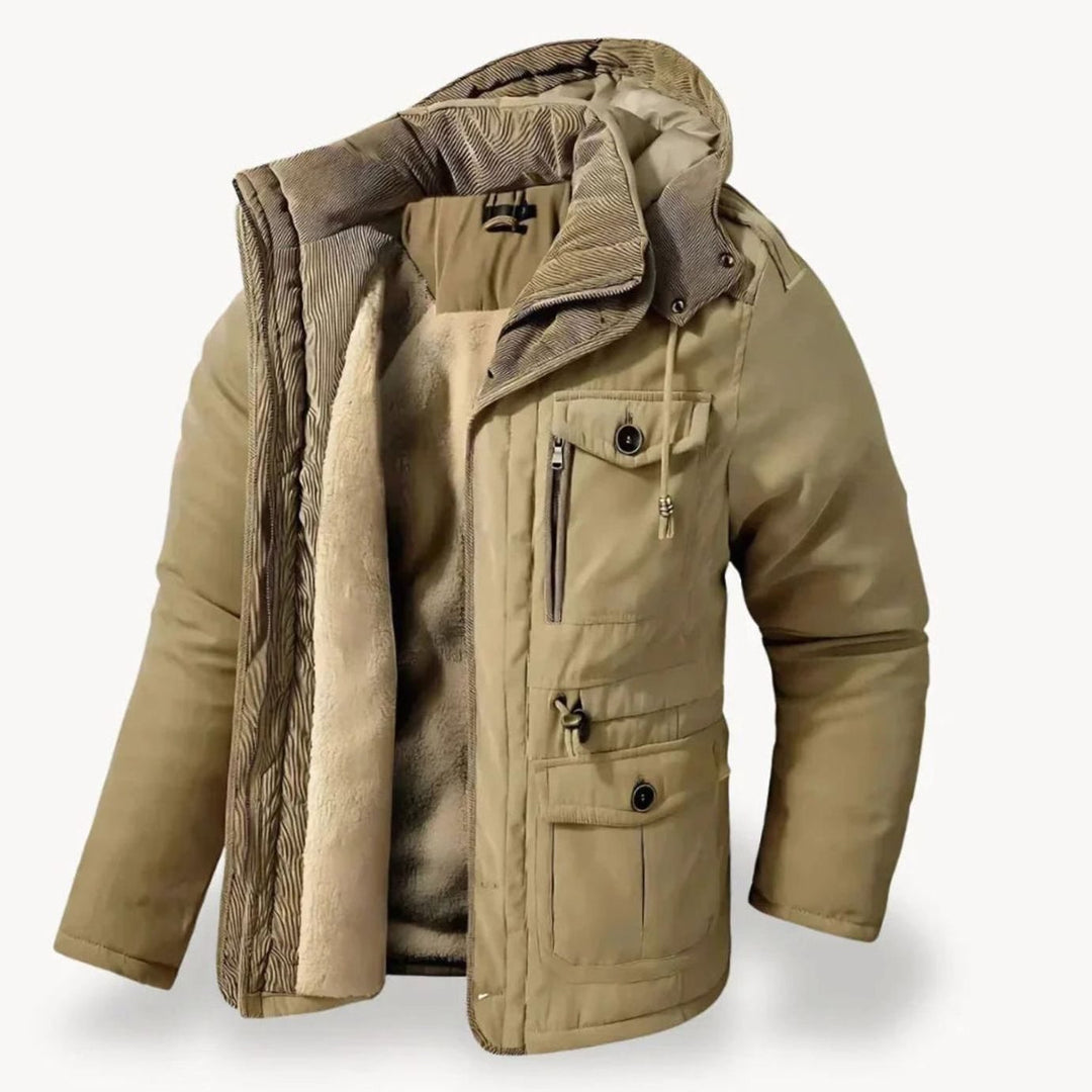 Herren Robuste Winterjacke mit Fleece-Futter Mehreren Taschen Kapuze - Beige