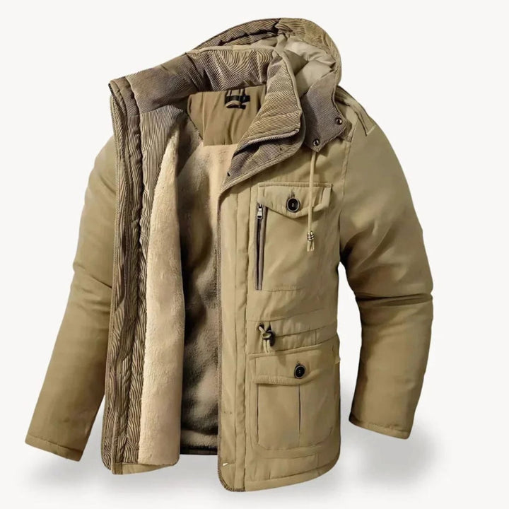 Herren Robuste Winterjacke mit Fleece-Futter Mehreren Taschen Kapuze - Beige