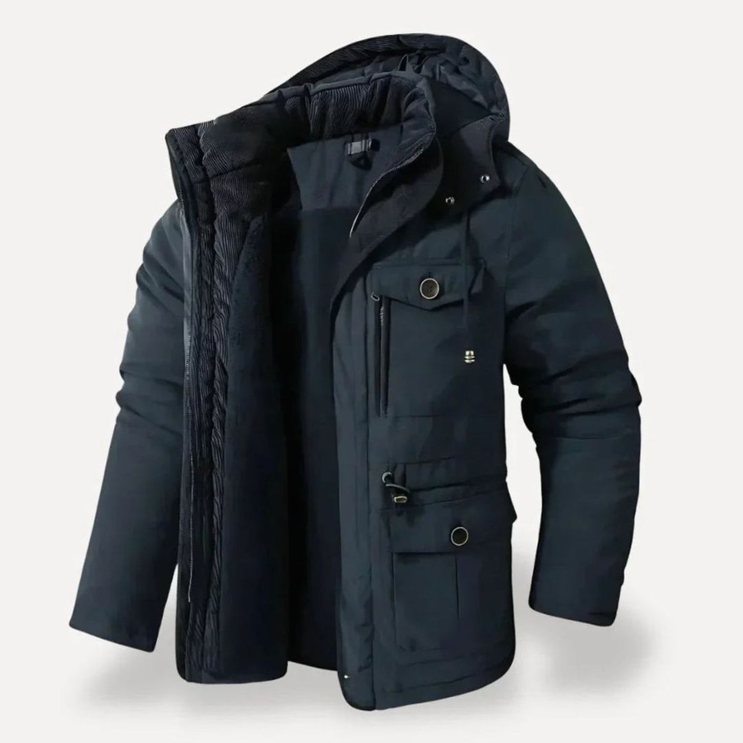 Herren Robuste Winterjacke mit Fleece-Futter Mehreren Taschen Kapuze - Marineblau