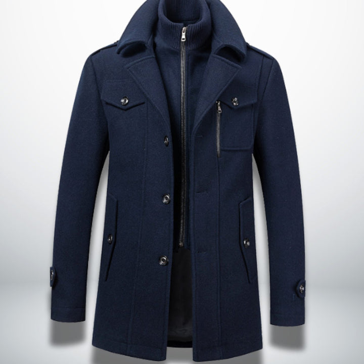 Herren Smart-Casual Wollmantel mit Knopfverschluss und Stehkragen - Dunkelblau