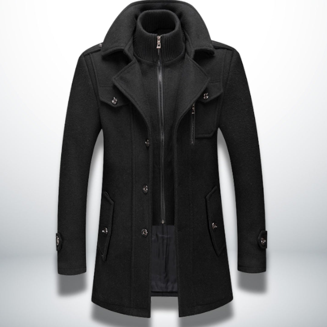 Herren Smart-Casual Wollmantel mit Knopfverschluss und Stehkragen - Schwarz
