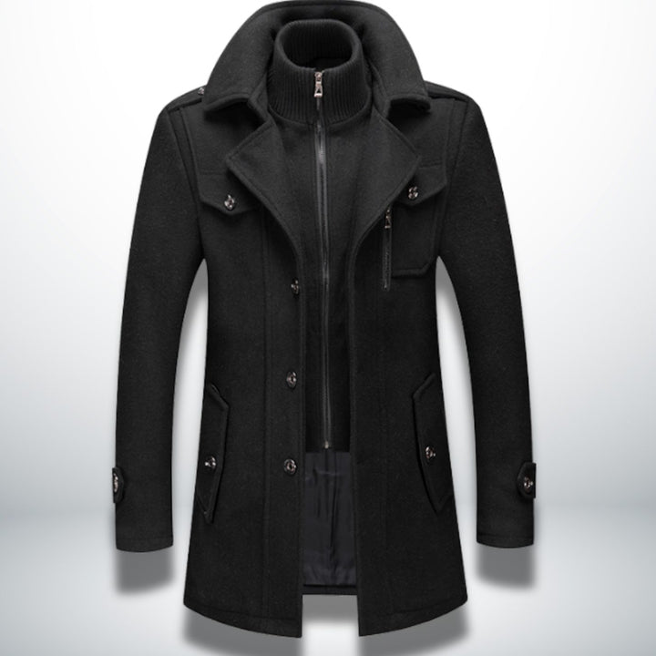 Herren Smart-Casual Wollmantel mit Knopfverschluss und Stehkragen - Schwarz