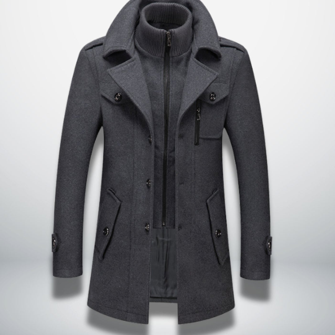 Herren Smart-Casual Wollmantel mit Knopfverschluss und Stehkragen - Grau